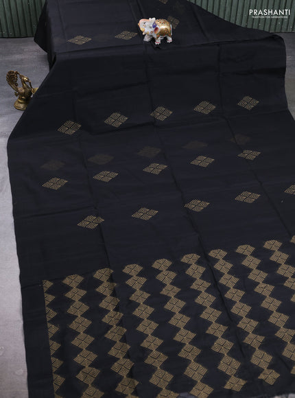 Kora silk cotton saree black with thread woven buttas in borderless style