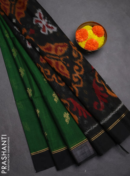Kora silk cotton saree green and black with zari woven buttas and ikat woven pallu