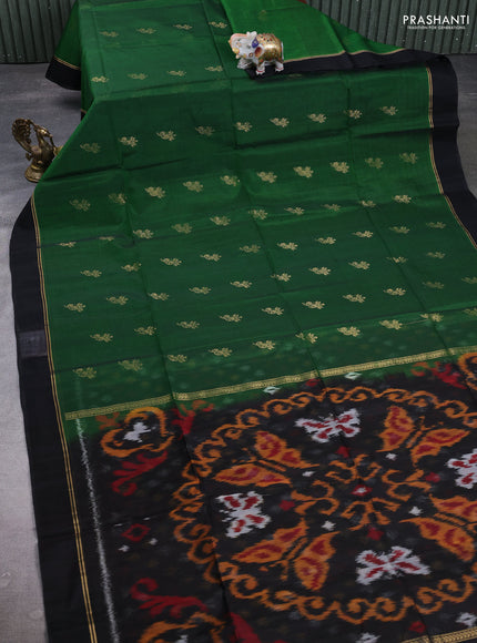 Kora silk cotton saree green and black with zari woven buttas and ikat woven pallu