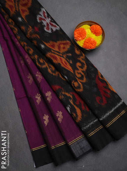 Kora silk cotton saree purple and black with zari woven buttas and ikat woven pallu