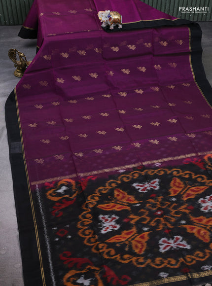 Kora silk cotton saree purple and black with zari woven buttas and ikat woven pallu
