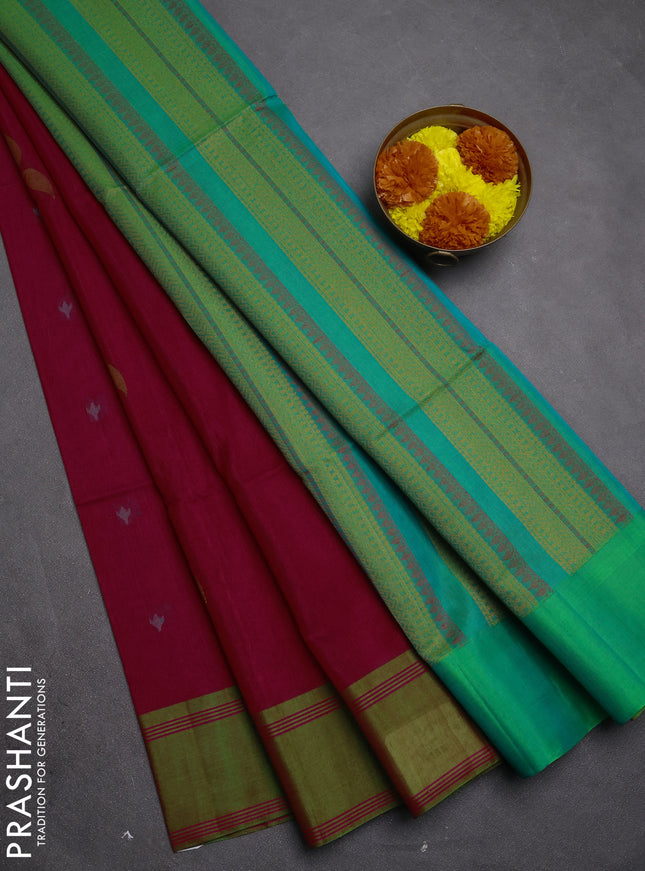 Kora silk cotton saree pink and green with thread woven buttas and rettapet border