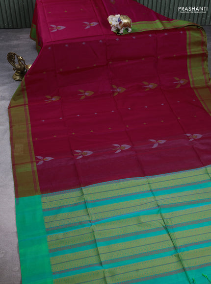 Kora silk cotton saree pink and green with thread woven buttas and rettapet border