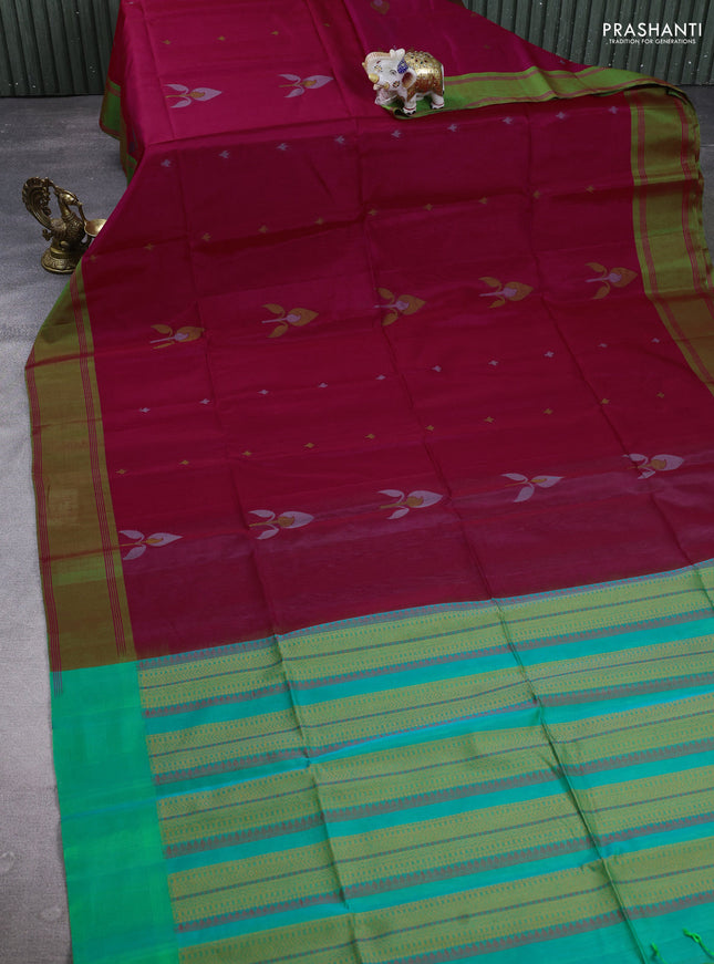Kora silk cotton saree pink and green with thread woven buttas and rettapet border