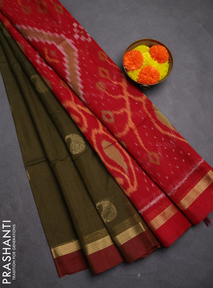 Kora silk cotton saree olive green and red with zari woven paisley buttas and ikat woven pallu