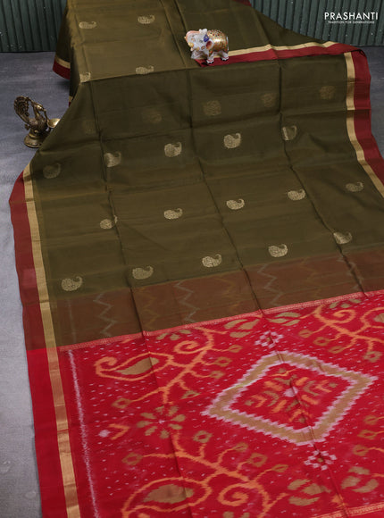 Kora silk cotton saree olive green and red with zari woven paisley buttas and ikat woven pallu