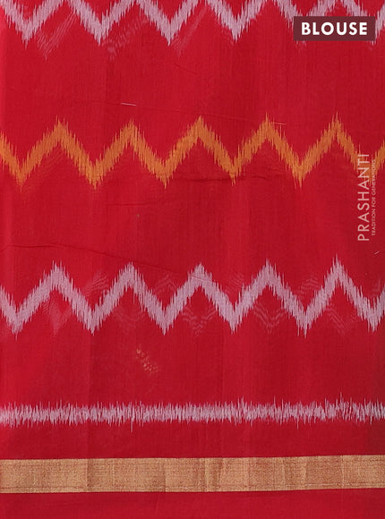 Kora silk cotton saree olive green and red with zari woven paisley buttas and ikat woven pallu