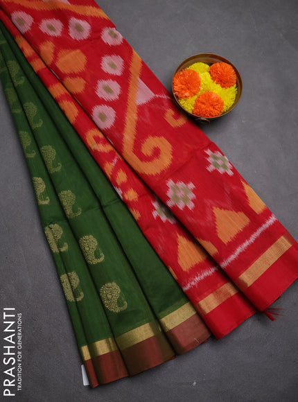 Kora silk cotton saree green and red with zari woven paisley buttas and ikat woven pallu