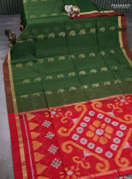 Kora silk cotton saree green and red with zari woven paisley buttas and ikat woven pallu
