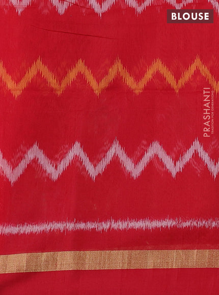 Kora silk cotton saree green and red with zari woven paisley buttas and ikat woven pallu