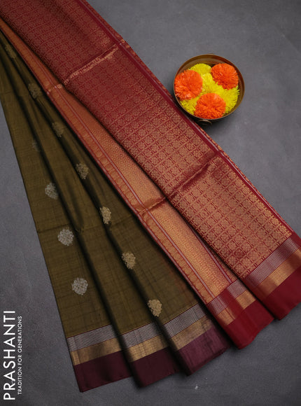 Kora silk cotton saree mehendi green and maroon with silver & gold zari woven buttas and zari woven simple border