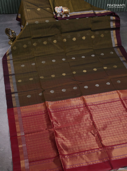 Kora silk cotton saree mehendi green and maroon with silver & gold zari woven buttas and zari woven simple border