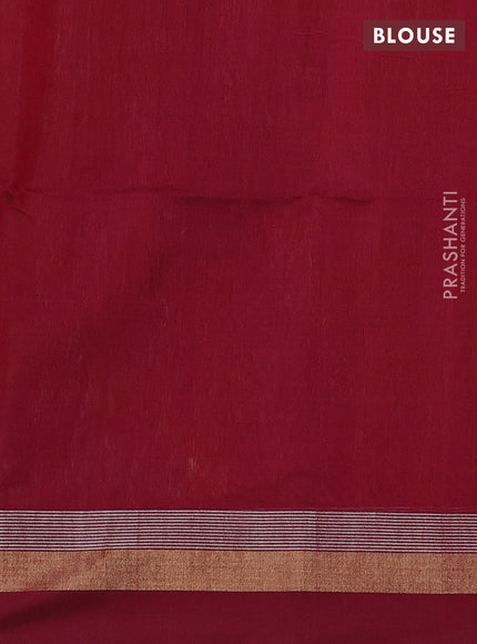 Kora silk cotton saree mehendi green and maroon with silver & gold zari woven buttas and zari woven simple border