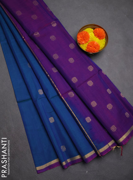 Kora silk cotton saree dual tone bluish green and purple with zari woven buttas and small zari woven border