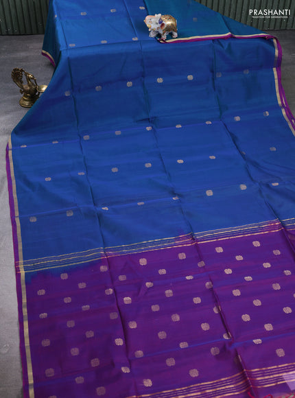 Kora silk cotton saree dual tone bluish green and purple with zari woven buttas and small zari woven border