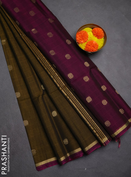 Kora silk cotton saree dark mustard and dark magenta pink with zari woven buttas and small zari woven border