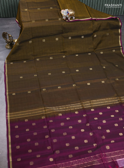 Kora silk cotton saree dark mustard and dark magenta pink with zari woven buttas and small zari woven border