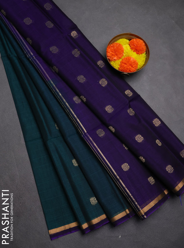 Kora silk cotton saree peacock green and violet with zari woven buttas and small zari woven border
