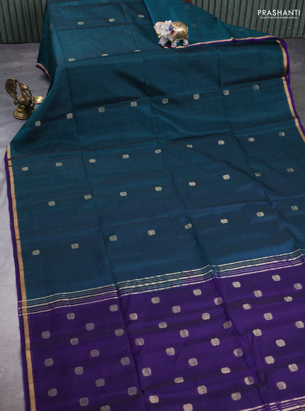 Kora silk cotton saree peacock green and violet with zari woven buttas and small zari woven border