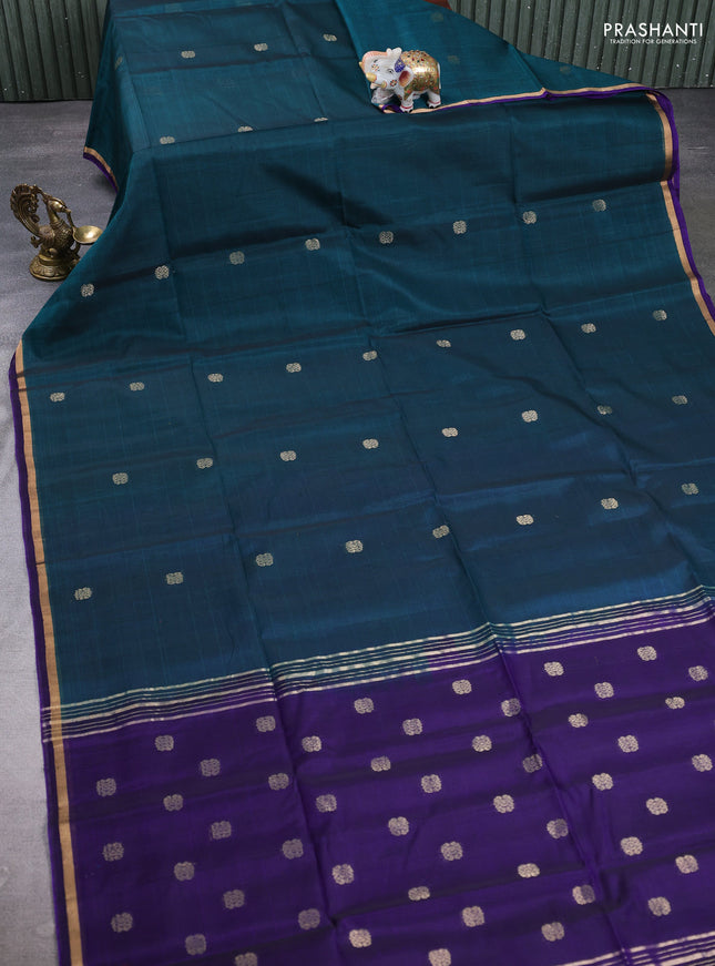 Kora silk cotton saree peacock green and violet with zari woven buttas and small zari woven border