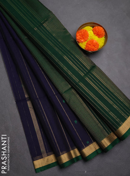 Kora silk cotton saree dark blue and green with allover zari weaves & thread buttas and zari woven border