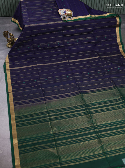 Kora silk cotton saree dark blue and green with allover zari weaves & thread buttas and zari woven border