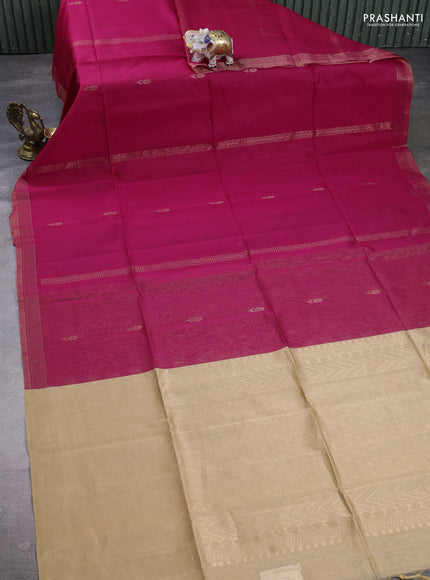 Kora silk cotton saree pink and sandal with allover zari weaves & buttas and zari woven border