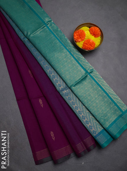 Kora silk cotton saree purple and teal green with zari woven floral buttas and zari woven border