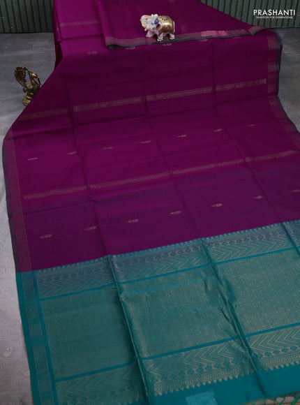 Kora silk cotton saree purple and teal green with zari woven floral buttas and zari woven border