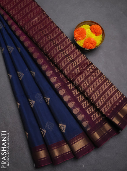 Kora silk cotton saree blue and wine shade with zari woven buttas and zari woven border