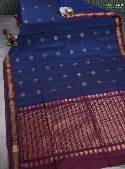 Kora silk cotton saree blue and wine shade with zari woven buttas and zari woven border