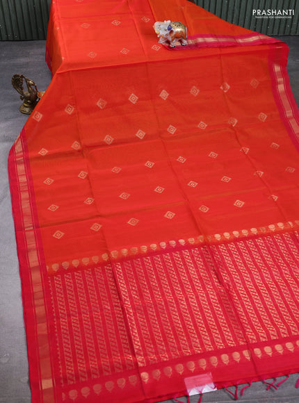 Kora silk cotton saree orange and dual tone pink with zari woven buttas and zari woven border