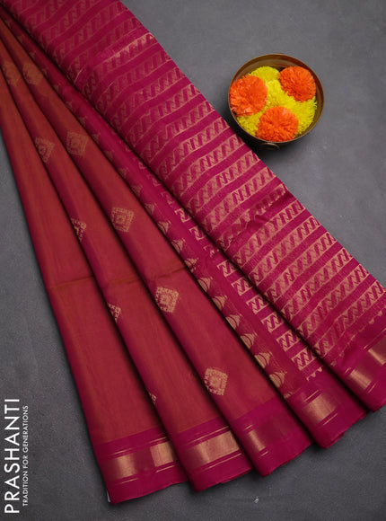 Kora silk cotton saree dual tone dark mustard and magenta pink with zari woven buttas and zari woven border