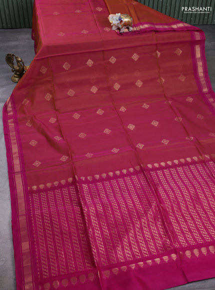 Kora silk cotton saree dual tone dark mustard and magenta pink with zari woven buttas and zari woven border