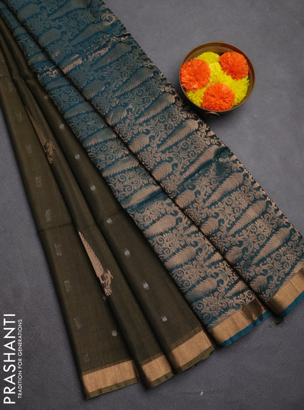 Kora silk cotton saree olive green and peacock green with allover silver zari woven buttas and zari woven border