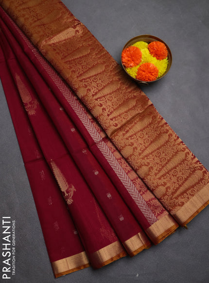 Kora silk cotton saree maroon and dual tone mustard yellow with allover silver zari woven buttas and zari woven border