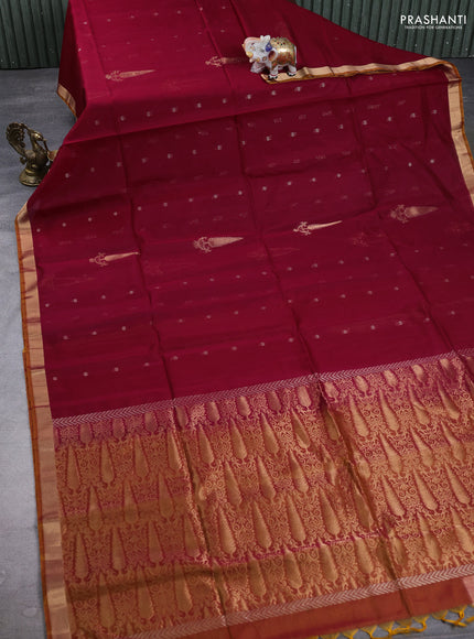 Kora silk cotton saree maroon and dual tone mustard yellow with allover silver zari woven buttas and zari woven border