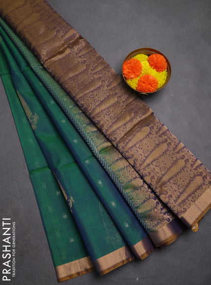 Kora silk cotton saree dual tone greenish blue and dual tone dark mustard with allover silver zari woven buttas and zari woven border