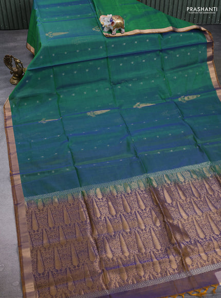 Kora silk cotton saree dual tone greenish blue and dual tone dark mustard with allover silver zari woven buttas and zari woven border