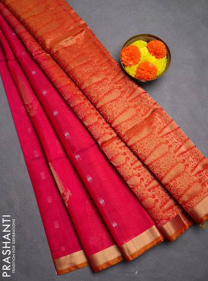 Kora silk cotton saree pink and sunset orange with allover silver zari woven buttas and zari woven border