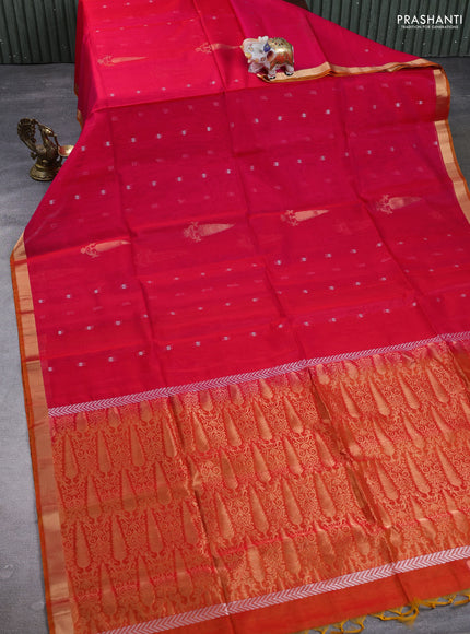 Kora silk cotton saree pink and sunset orange with allover silver zari woven buttas and zari woven border