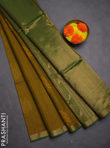 Kora silk cotton saree mustard green and green with thread & zari woven buttas and small zari woven border