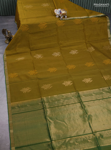 Kora silk cotton saree mustard green and green with thread & zari woven buttas and small zari woven border