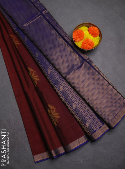 Kora silk cotton saree maroon and royal blue with thread & zari woven buttas and small zari woven border