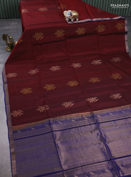 Kora silk cotton saree maroon and royal blue with thread & zari woven buttas and small zari woven border