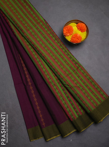 Kora silk cotton saree purple and sap green with allover thread weaves & buttas and simple border