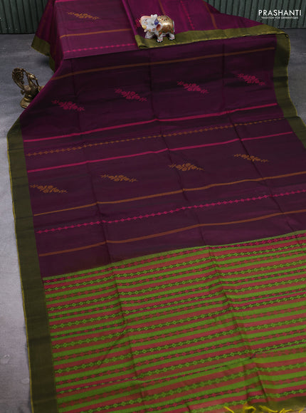 Kora silk cotton saree purple and sap green with allover thread weaves & buttas and simple border