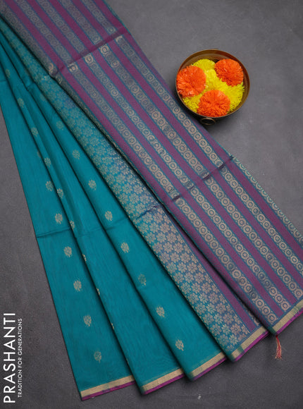 Kora silk cotton saree teal green and dual tone teal greenish pink with thread & zari woven buttas and small zari woven border
