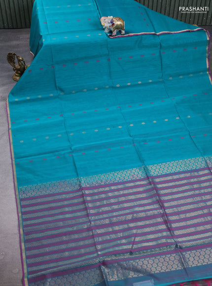 Kora silk cotton saree teal green and dual tone teal greenish pink with thread & zari woven buttas and small zari woven border