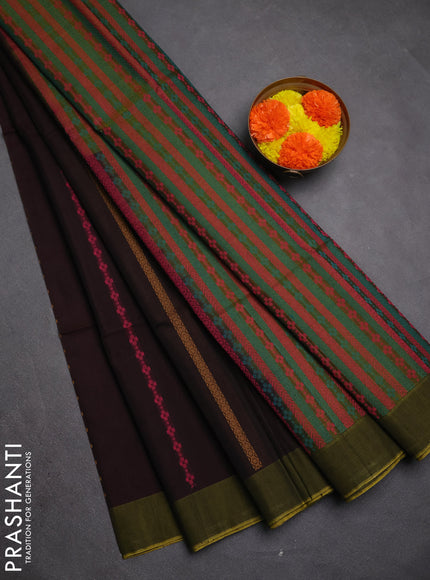 Kora silk cotton saree deep maroon and sap green with allover thread weaves & buttas and simple border